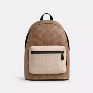 COACH WEST BACKPACK IN BLOCKED SIGNATURE CANVAS - CAB59 (GUNMETAL/SAND/TAN)