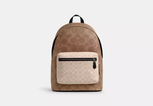 COACH WEST BACKPACK IN BLOCKED SIGNATURE CANVAS - CAB59 (GUNMETAL/SAND/TAN)