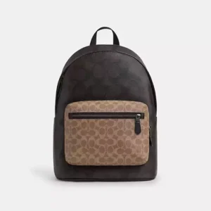 COACH WEST BACKPACK IN BLOCKED SIGNATURE CANVAS - CAB59 (GUNMETAL/WALNUT/TAN)