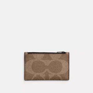 COACH ZIP CARD CASE IN BLOCKED SIGNATURE CANVAS - CAB81 (GUNMETAL/SAND/TAN)