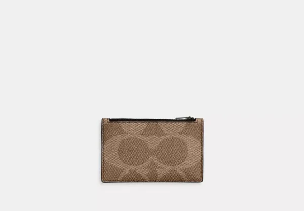 COACH ZIP CARD CASE IN BLOCKED SIGNATURE CANVAS - CAB81 (GUNMETAL/SAND/TAN)