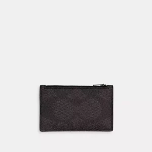COACH ZIP CARD CASE IN BLOCKED SIGNATURE CANVAS - CAB81 (GUNMETAL/WALNUT/TAN)