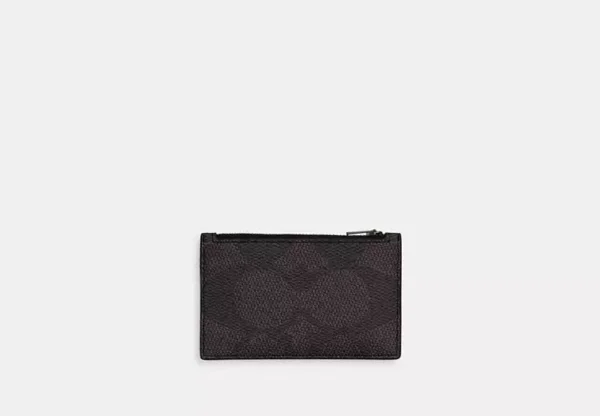 COACH ZIP CARD CASE IN BLOCKED SIGNATURE CANVAS - CAB81 (GUNMETAL/WALNUT/TAN)