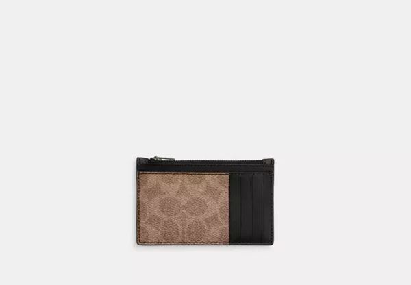 COACH ZIP CARD CASE IN BLOCKED SIGNATURE CANVAS - CAB81 (GUNMETAL/WALNUT/TAN) - Image 2