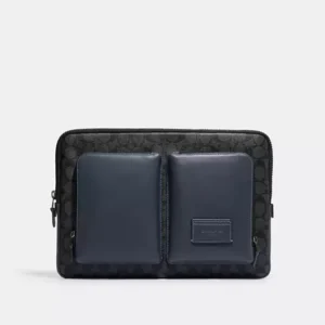 COACH UTILITY LAPTOP CASE IN COLORBLOCK SIGNATURE CANVAS - CE701 (GUNMETAL/CHARCOAL/DENIM)