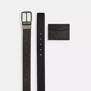COACH BOXED CARD CASE AND BELT SET IN SIGNATURE CANVAS - CW351 (GUNMETAL/CHARCOAL/BLACK)