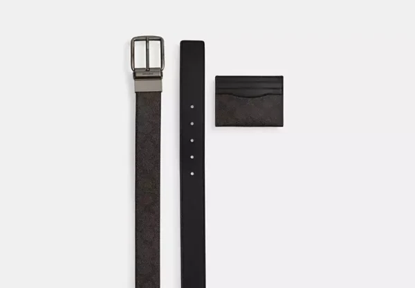 COACH BOXED CARD CASE AND BELT SET IN SIGNATURE CANVAS - CW351 (GUNMETAL/WALNUT/BLACK) - Image 2