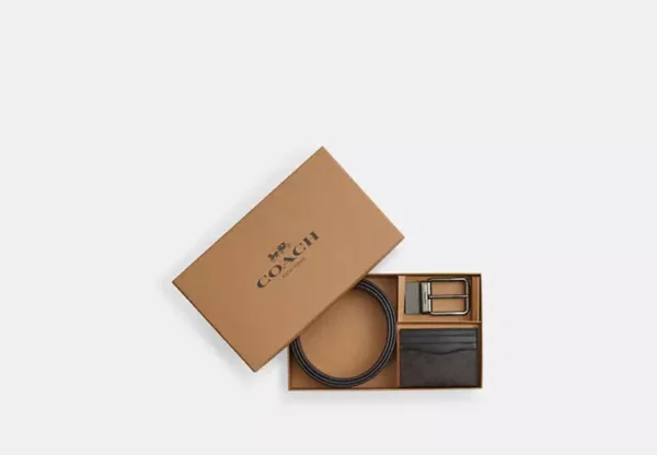 COACH BOXED CARD CASE AND BELT SET IN SIGNATURE CANVAS - CW351 (GUNMETAL/WALNUT/BLACK)