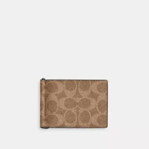 COACH SLIM MONEY CLIP BILLFOLD WALLET IN SIGNATURE CANVAS - CY059 (GUNMETAL/TAN/BLACK)