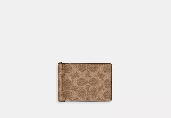 COACH SLIM MONEY CLIP BILLFOLD WALLET IN SIGNATURE CANVAS - CY059 (GUNMETAL/TAN/BLACK)