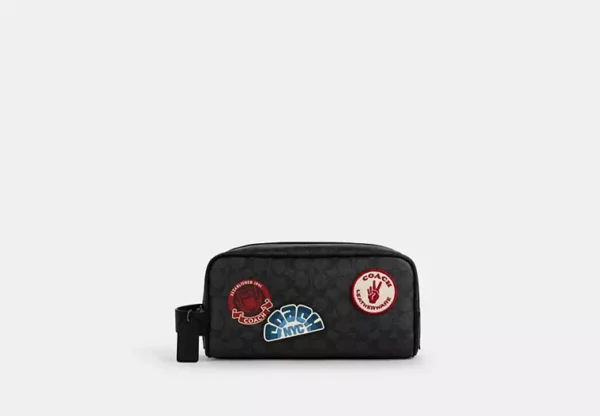 COACH LARGE TRAVEL KIT IN SIGNATURE CANVAS WITH PATCHES - CY904 (GUNMETAL/CHARCOAL MULTI)
