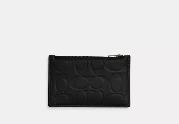 COACH ZIP CARD CASE IN SIGNATURE LEATHER - CY906 (GUNMETAL/BLACK)